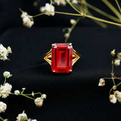 Lab Grown Ruby 10X14 MM Emerald Cut Engagement Ring with Split Shank