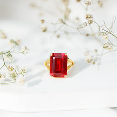 Lab Grown Ruby 10X14 MM Emerald Cut Engagement Ring with Split Shank
