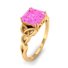 Asscher Cut Lab Grown Pink Sapphire Solitaire Celtic Knot Ring