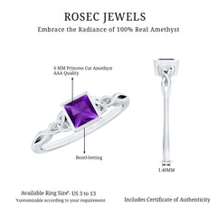 Natural Amethyst Princess Cut Solitaire Celtic Ring in Bezel Setting