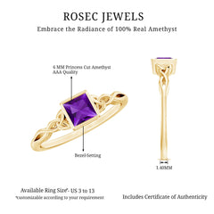 Natural Amethyst Princess Cut Solitaire Celtic Ring in Bezel Setting