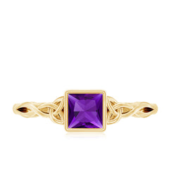 Natural Amethyst Princess Cut Solitaire Celtic Ring in Bezel Setting