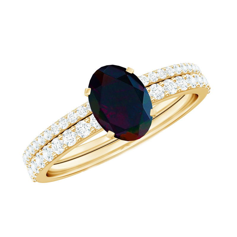 0.9 Carat Oval Cut Black Opal Wedding Ring Set With Diamond