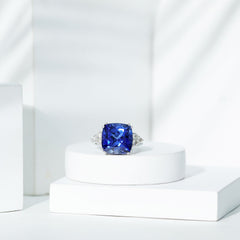 Certified 9 Carat Lab Grown Blue Sapphire Cushion Cut Engagement Ring with Diamond Trio