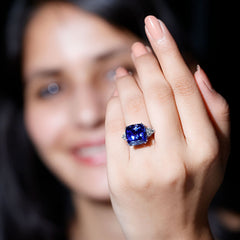 Certified 9 Carat Lab Grown Blue Sapphire Cushion Cut Engagement Ring with Diamond Trio