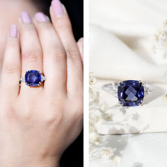 Certified 9 Carat Lab Grown Blue Sapphire Cushion Cut Engagement Ring with Diamond Trio