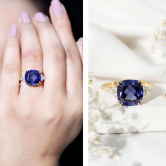 Certified 9 Carat Lab Grown Blue Sapphire Cushion Cut Engagement Ring with Diamond Trio
