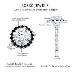 Certified 10 MM Moissanite Halo Engagement Ring With Lab Black Diamond