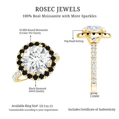 Certified 10 MM Moissanite Halo Engagement Ring With Lab Black Diamond