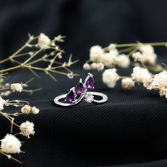 Real Pear Shaped Amethyst and Diamond Ring For Women