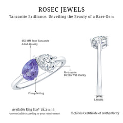 Pear Shaped Tanzanite Moissanite Two Stone Promise Ring in Silver