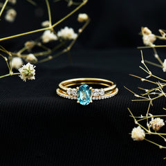 Oval Swiss Blue Topaz Diamond Wedding Ring Set in Silver