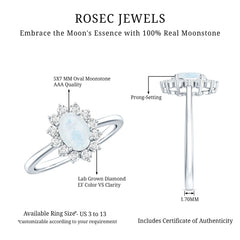 Natural 1 Carat Oval Cut Moonstone and Diamond Engagement Ring