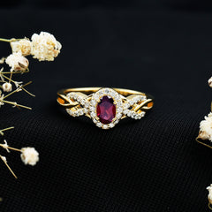 Genuine Rhodolite Garnet and Diamond Criss Cross Engagement Ring