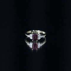 Certified Rhodolite Emerald Cut Engagement Ring with Diamond Trio