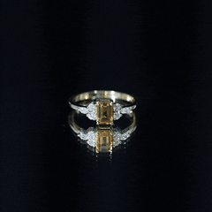 Natural 0.6 Carat Citrine Emerald Cut Engagement Ring with Diamond Trio
