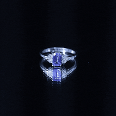 Genuine Tanzanite and Diamond Emerald Cut Engagement Ring in Silver