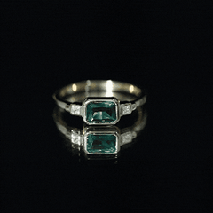 1 Carat Lab Grown Emerald 3 Stone Engagement Ring with Diamond in East West Style