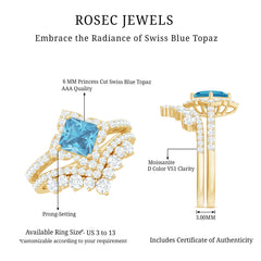 Genuine Princess Cut Swiss Blue Topaz Floral Wedding Ring Set in Silver