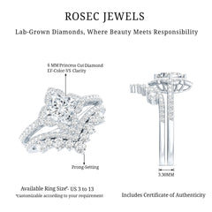 6 MM Princess Cut Lab Grown Diamond Designer Bridal Ring Set