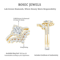 6 MM Princess Cut Lab Grown Diamond Designer Bridal Ring Set