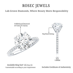 Certified 9 MM Lab Grown Solitaire Diamond Engagement Ring