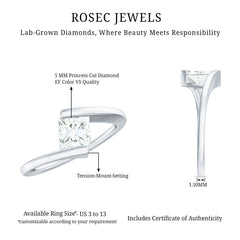 5 mm Princess Cut Lab Grown Diamond Ring With Tension Setting