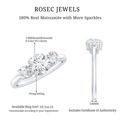 Round Cut Certified Moissanite Three Stone Engagement Ring for Women