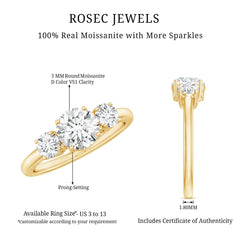 Round Cut Certified Moissanite Three Stone Engagement Ring for Women
