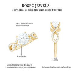 3 CT Cushion Cut Moissanite Solitaire Ring With Crossover Shank