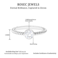 1/2 CT Bezel Set Zircon Solitaire Minimal Ring with Twisted Rope Details