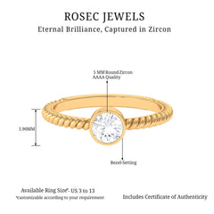 1/2 CT Bezel Set Zircon Solitaire Minimal Ring with Twisted Rope Details