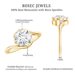Round Cut 8 MM Moissanite Solitaire Engagement Ring in Bypass Shank