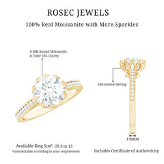 Round Moissanite Lotus Engagement Ring with Side Stones