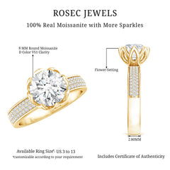 Lotus Basket Set Moissanite Engagement Ring with Side Stones