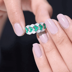 Princess Cut Emerald Statement Wedding Band with Diamonds