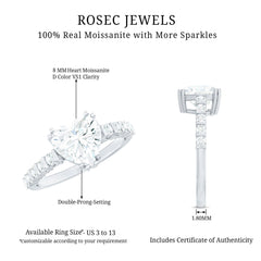 8 MM Certified Moissanite Heart Engagement Ring with Side Stones