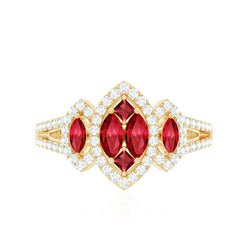 Split Shank Lab Grown Ruby and Diamond Cluster Engagement Ring