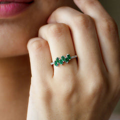 Baguette Cut Emerald Promise Ring with Diamond Side Stones