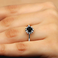 1.75 CT Lab Created Black Diamond Promise Ring with Diamond Halo