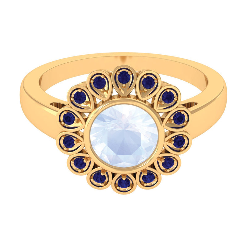 1.25 CT Bezel Set Moonstone Vintage Inspired Engagement Ring with Blue Sapphire