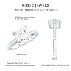 Classic Princess Cut Moissanite Solitaire Engagement Ring with Side Stones