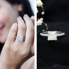 Classic Princess Cut Moissanite Solitaire Engagement Ring with Side Stones