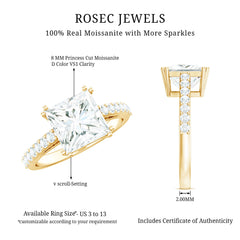 Classic Princess Cut Moissanite Solitaire Engagement Ring with Side Stones