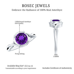 5 MM Round Shape Amethyst Solitaire Ring in Four Prong Setting with Crossover Shank