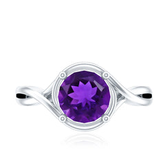 5 MM Round Shape Amethyst Solitaire Ring in Four Prong Setting with Crossover Shank