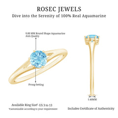 Natural Aquamarine Solitaire Promise Ring in 6 Prong Setting