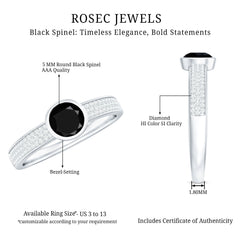 Natural Black Spinel Bezel Set Engagement Ring with Diamond Side Stones