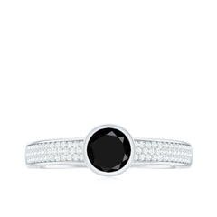 Natural Black Spinel Bezel Set Engagement Ring with Diamond Side Stones