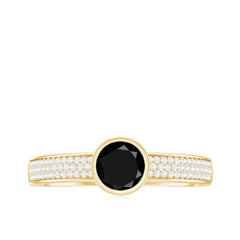 Natural Black Spinel Bezel Set Engagement Ring with Diamond Side Stones